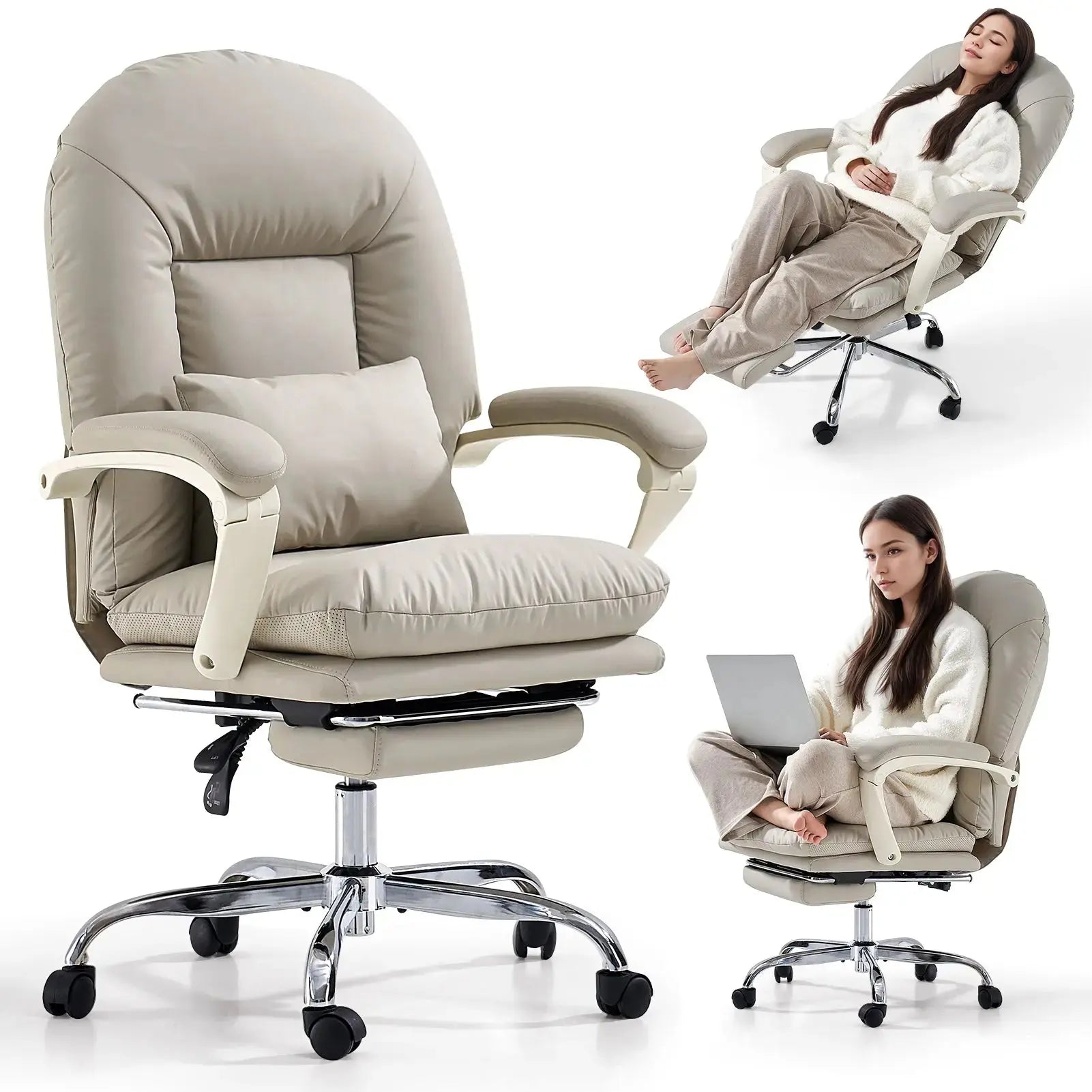 EMIAH C586 Ergonomic Ultra-Comfortable Office Chair with Foot Rest - EMIAH Store Beige / PU Leather